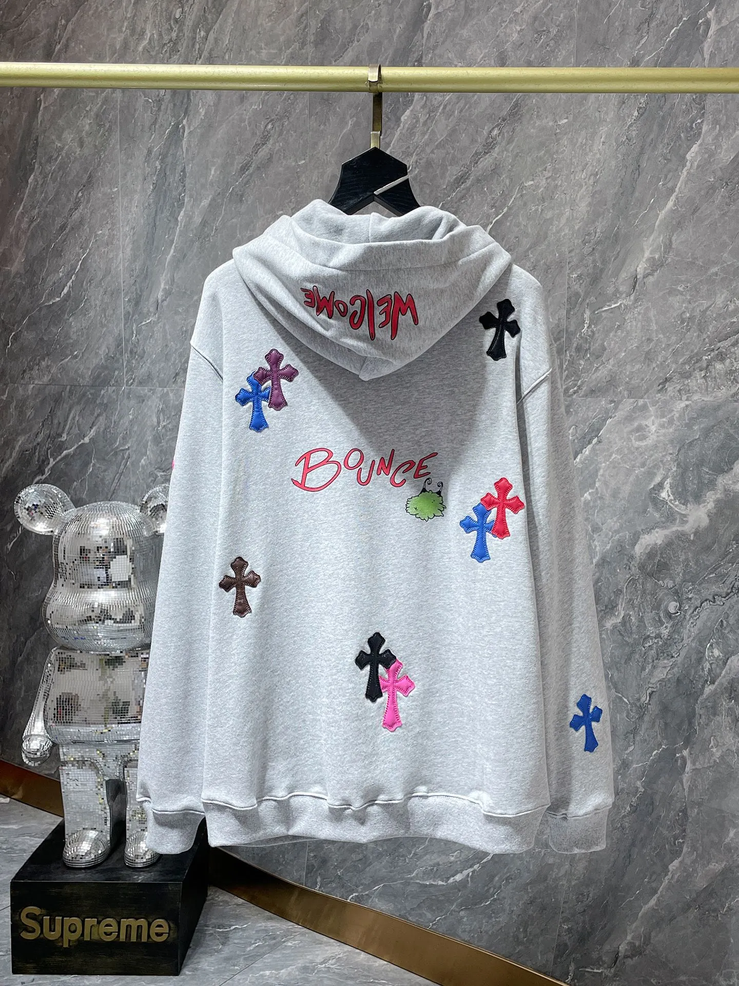 P276 Chrome Hearts Autumn and Winter 2025 Counter Synchronization Colorful cross patchwork leather Sanskrit hand-painted graffiti hooded sweatshirt Special customized version 1:1 high weight fabric Highest version Imported leather Recommended color: black gray Code number: S, M, L, XL